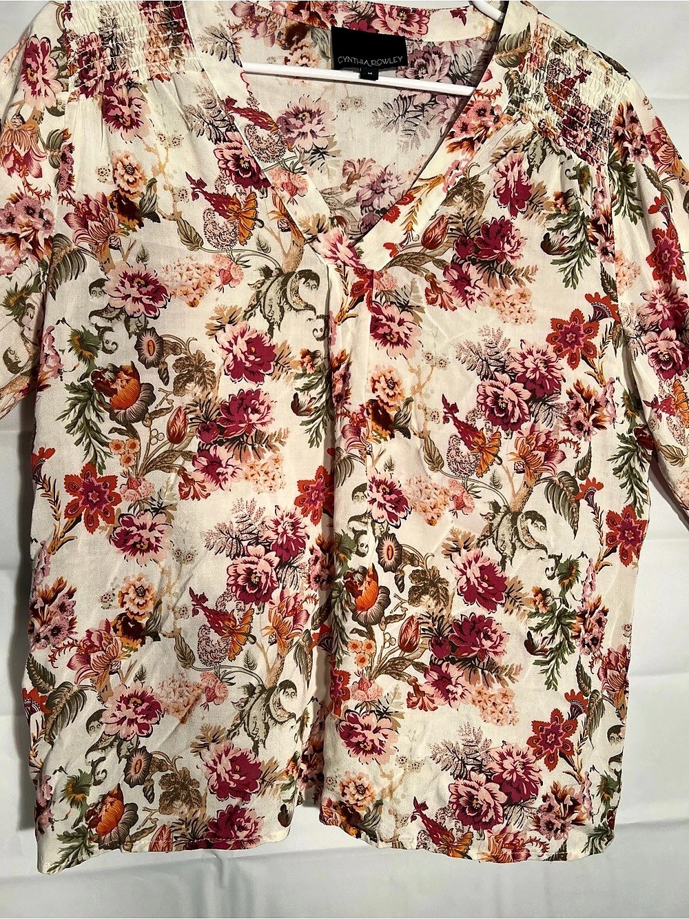 Cynthia Rowley Floral Blouse Size M Cream Pink Boho V-Neck 3/4 Sleeve - Picture 4 of 8